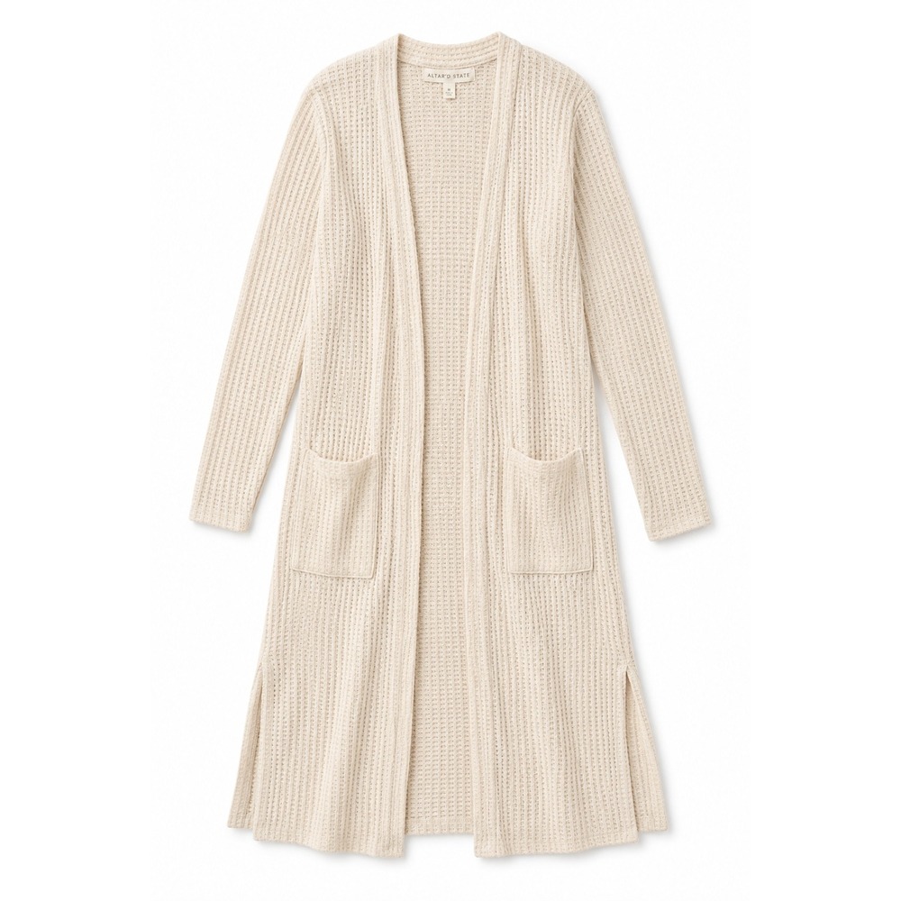 Altar'd State Cream Waffle Knit Long Duster Cardigan Open Front Pockets Large